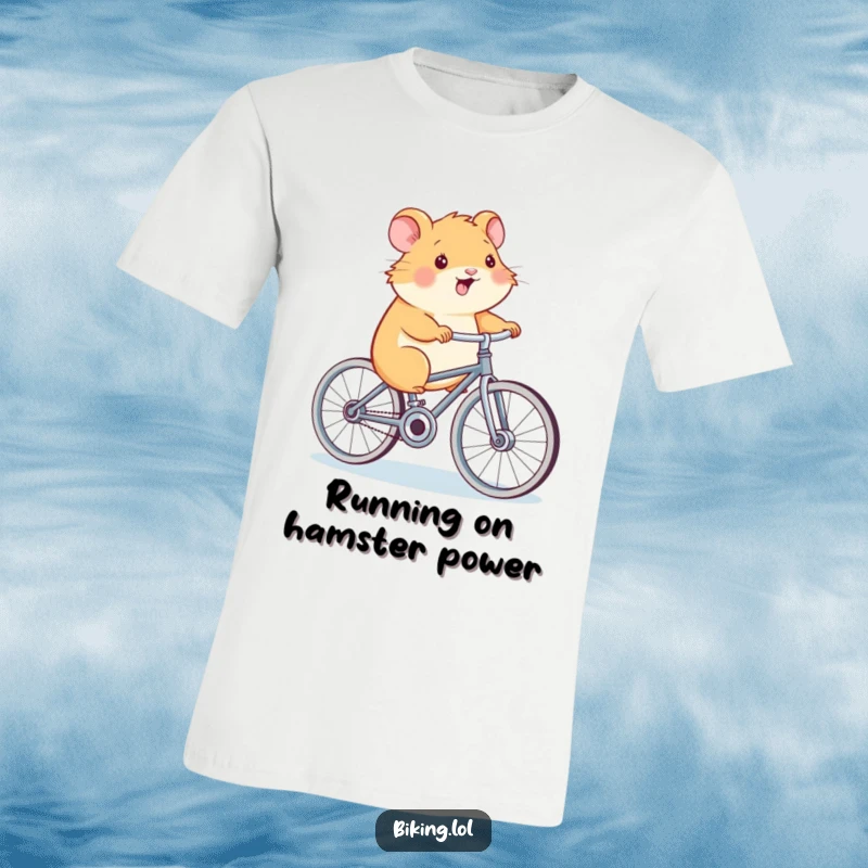 Funny Hamster Power T-Shirt, a smiling hamster, pedaling a bicycle with oversized wheels, adorable and humorous, great for fitness lovers.