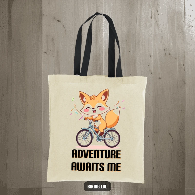 Funny tote bag with a cheerful fox riding a bicycle with streamers, a humorous and practical accessory.