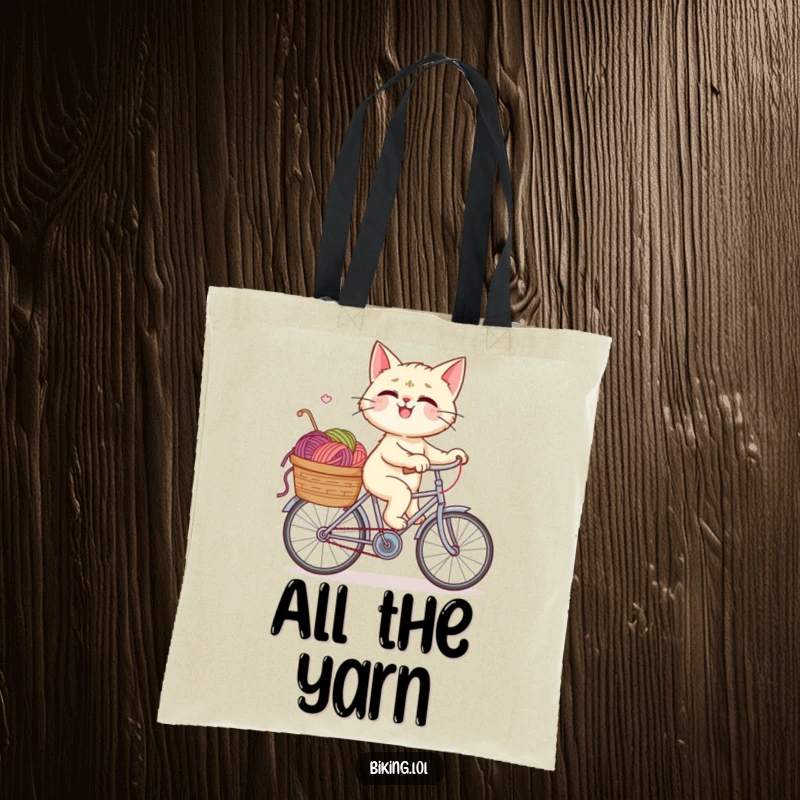 Funny tote bag design illustrating a giggling cat confidently riding a bicycle, its basket overflowing with humorous amounts of yarn.