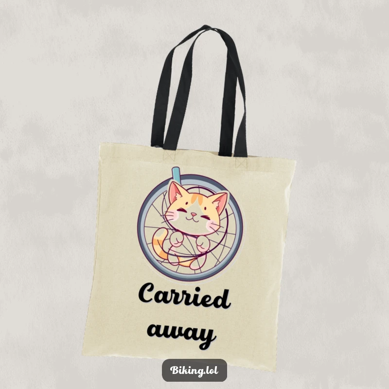 Funny tote bag showcasing a cat tangled in bicycle spokes, looking bewildered but happy, a charmingly chaotic and humorous accessory.