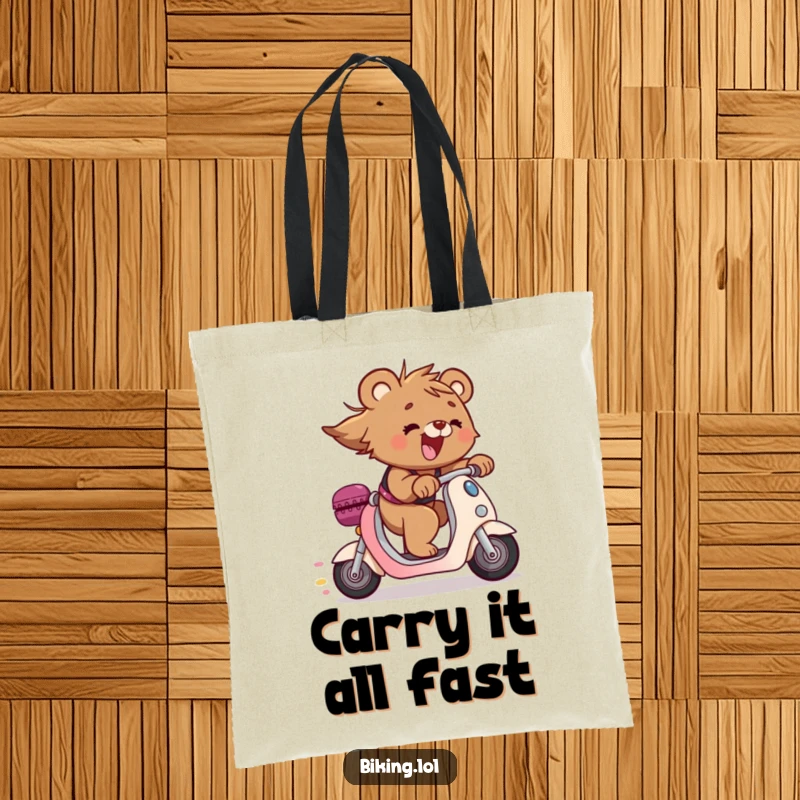 Funny bear cub using a tote bag while riding a scooter downhill, hair flying, a humorous and useful funny gift.