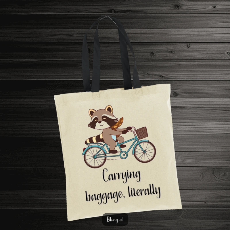 Funny raccoon and passenger on a tandem bicycle, a comical scene perfect for this spacious and stylish tote bag.