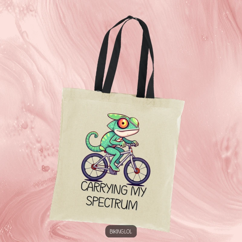 Funny chameleon character changing colors rapidly while riding a fast bicycle, on a stylish tote bag.
