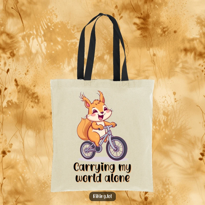 Funny squirrel tote bag, cheerful squirrel with windblown fur pedaling a unicycle with a big smile.