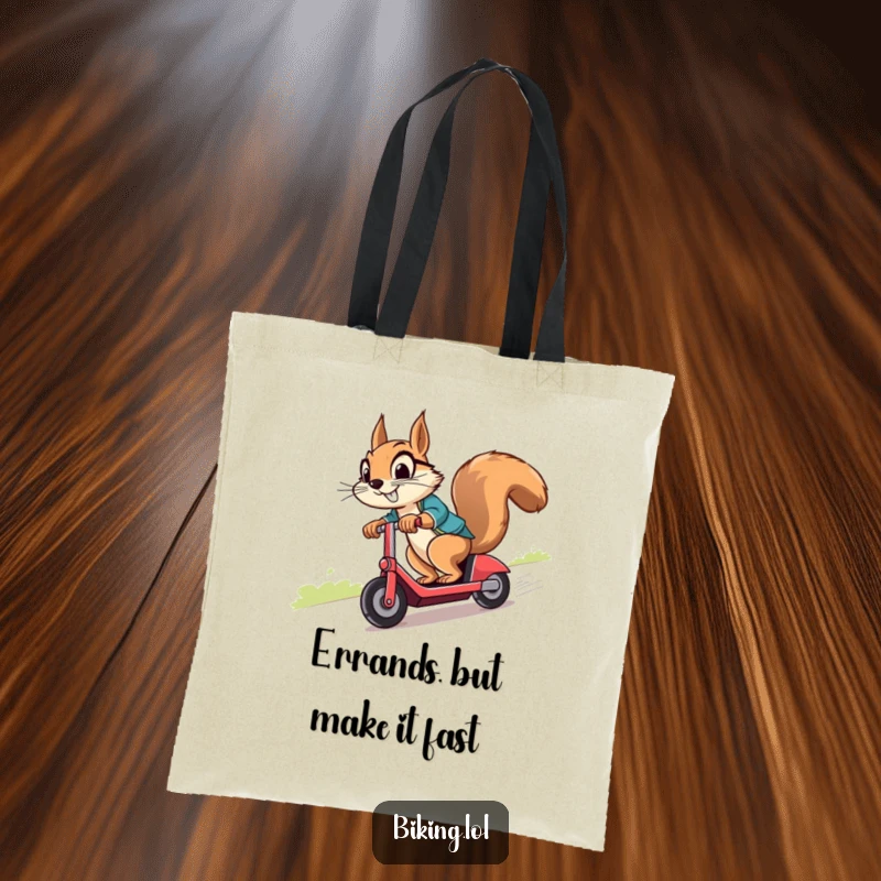 Funny squirrel with a cheeky grin, expertly riding a scooter downhill, elegantly displayed on a durable tote bag.