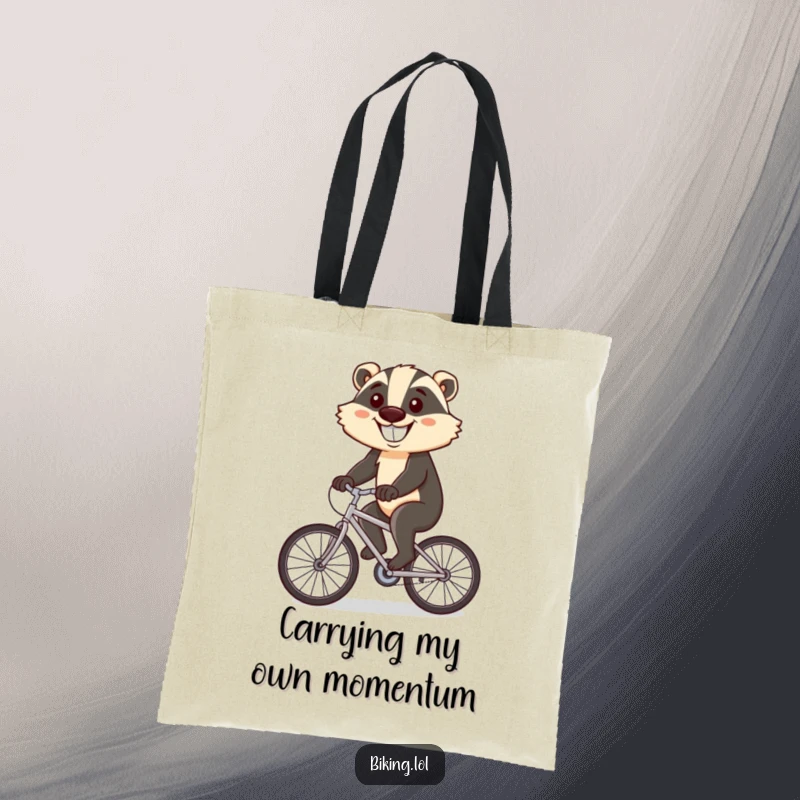 Funny tote bag showcasing a determined badger cycling uphill with a big grin, great for shopping.