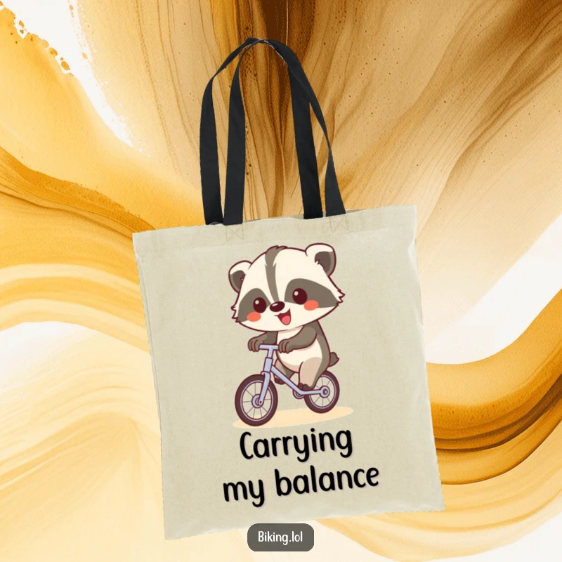 Funny tote bag featuring a happy badger on a unicycle waving, perfect for carrying essentials with humor.