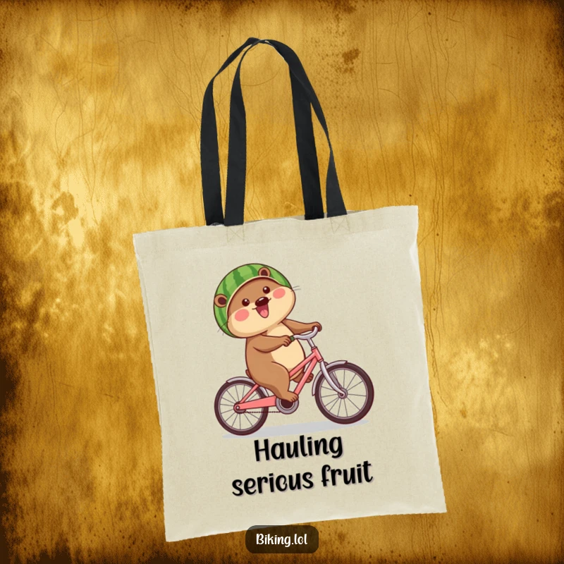 Funny beaver tote bag illustrating a happy beaver cycling with a watermelon serving as a helmet, a whimsical depiction.