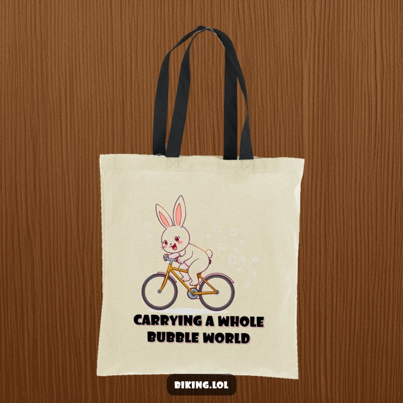 Funny tote bag illustrating a gleeful bunny on a bicycle, trailing a stream of effervescent bubbles, a practical funny gift.