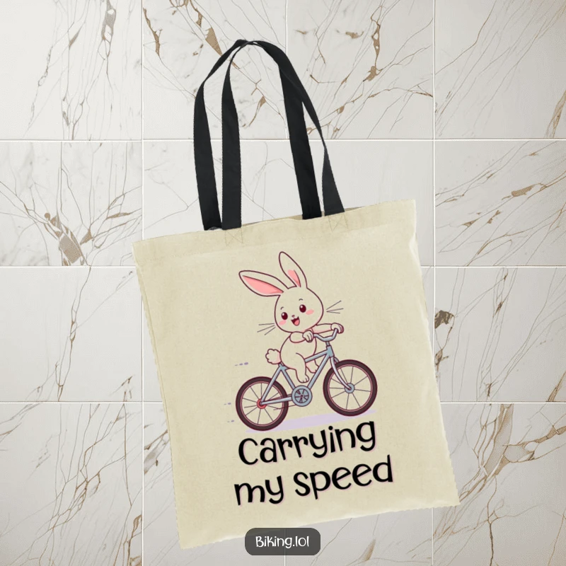 Funny tote bag showing a joyous bunny in full zoom mode on a tiny bicycle, wind-swept ears, a symbol of happy travel.