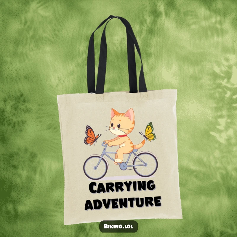 Funny tote bag featuring a determined cat chasing a butterfly on a tandem bike, perfect for carrying your daily adventures.