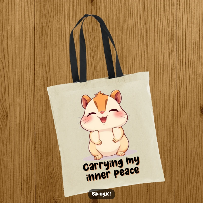 Funny chipmunk tote bag, a beaming chipmunk pedaling a bike with closed eyes in pure bliss, humorous and practical.