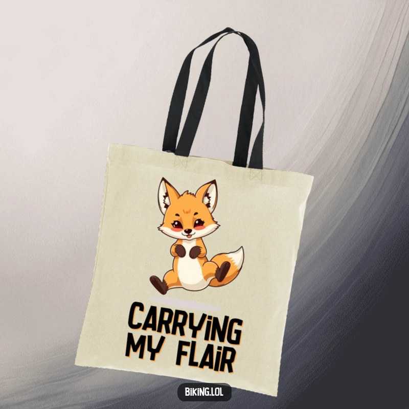 Funny tote bag featuring a confident fox cub performing a wheelie on a bicycle, perfect for carrying your daily adventures.