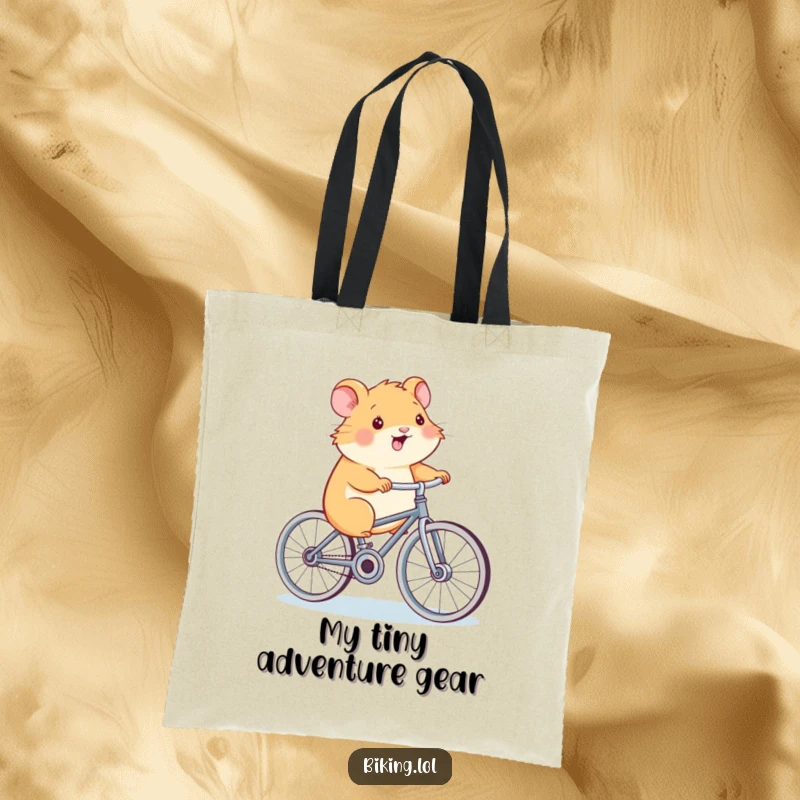 Funny Hamster Power Tote Bag, a smiling hamster, pedaling a bicycle, humorous and practical, perfect for shopping.