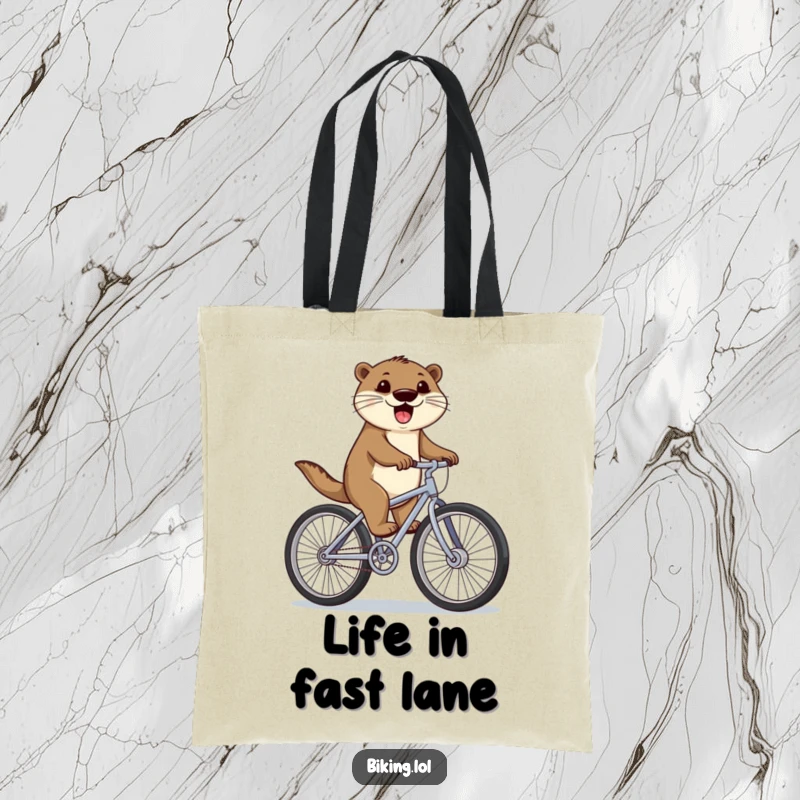 Funny otter carrying groceries on a bicycle with large wheels, pedaling with all its might, a humorous and useful funny gift.