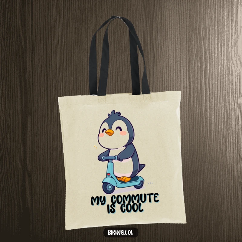 Funny Penguin Tote Bag: An excited penguin determinedly rides a scooter, perfect for carrying your gear with flair.