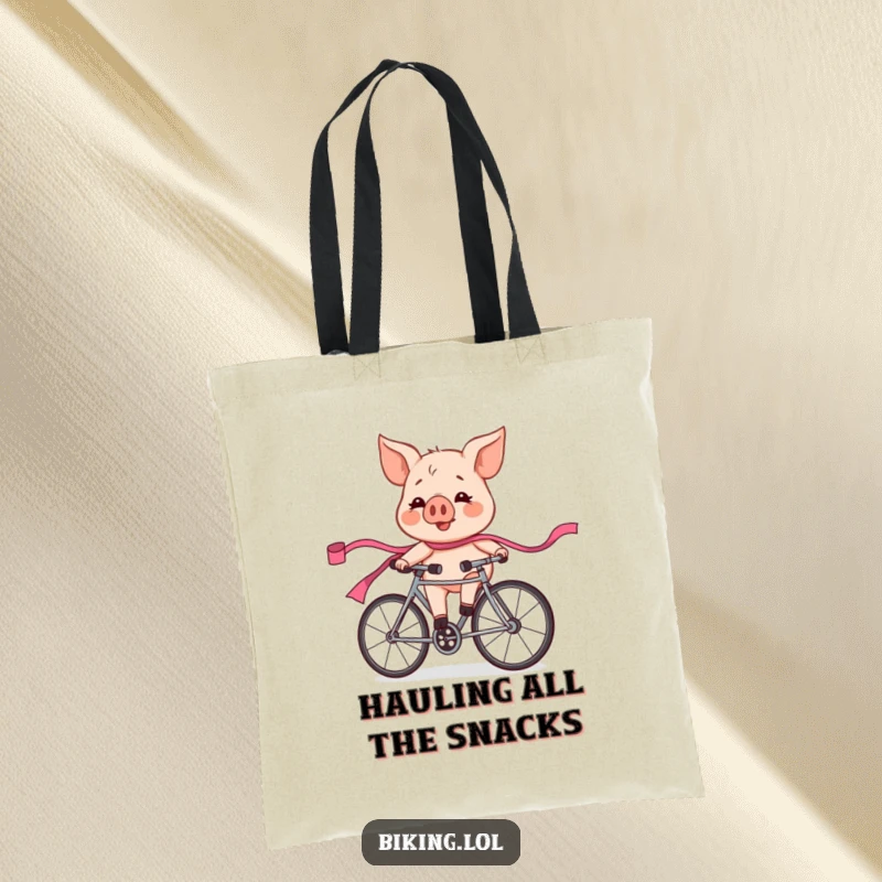 Funny pig character in a bicycle race, looking flushed and exhilarated, trailing a pink ribbon, on a stylish tote bag.