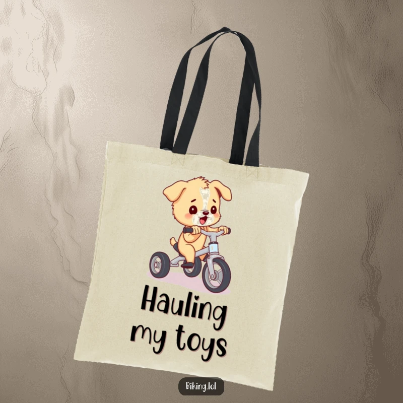 Funny puppy using a tote bag while pedaling a tiny tricycle with immense effort, a humorous and useful funny gift.