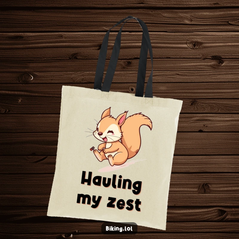 Funny tote bag with a playful squirrel cycling downhill fast, wind in fur, for carrying items.