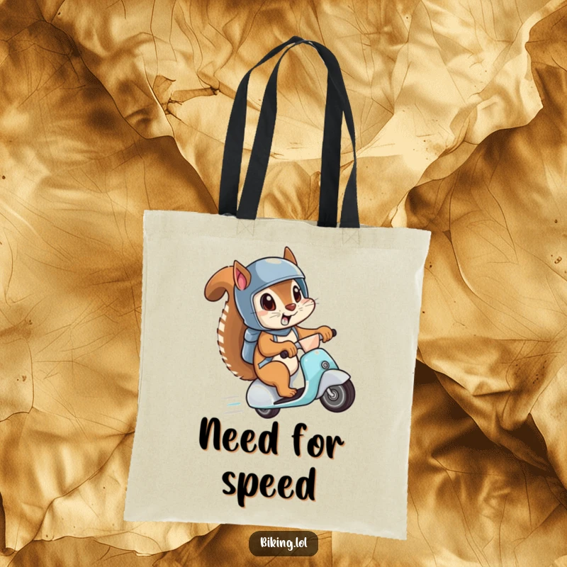 Funny tote bag featuring a squirrel in a helmet, eyes wide open, speeding downhill on a scooter, a humorous depiction of speed and bravery.