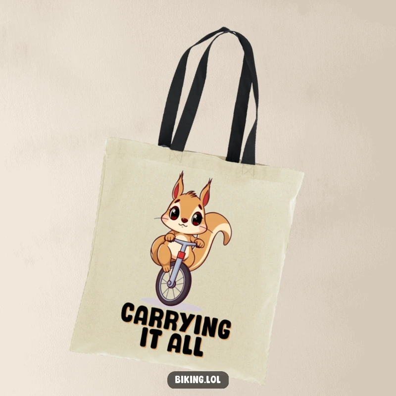 Funny squirrel tote bag depicting a surprised squirrel masterfully riding a unicycle, ideal for groceries and giggles.