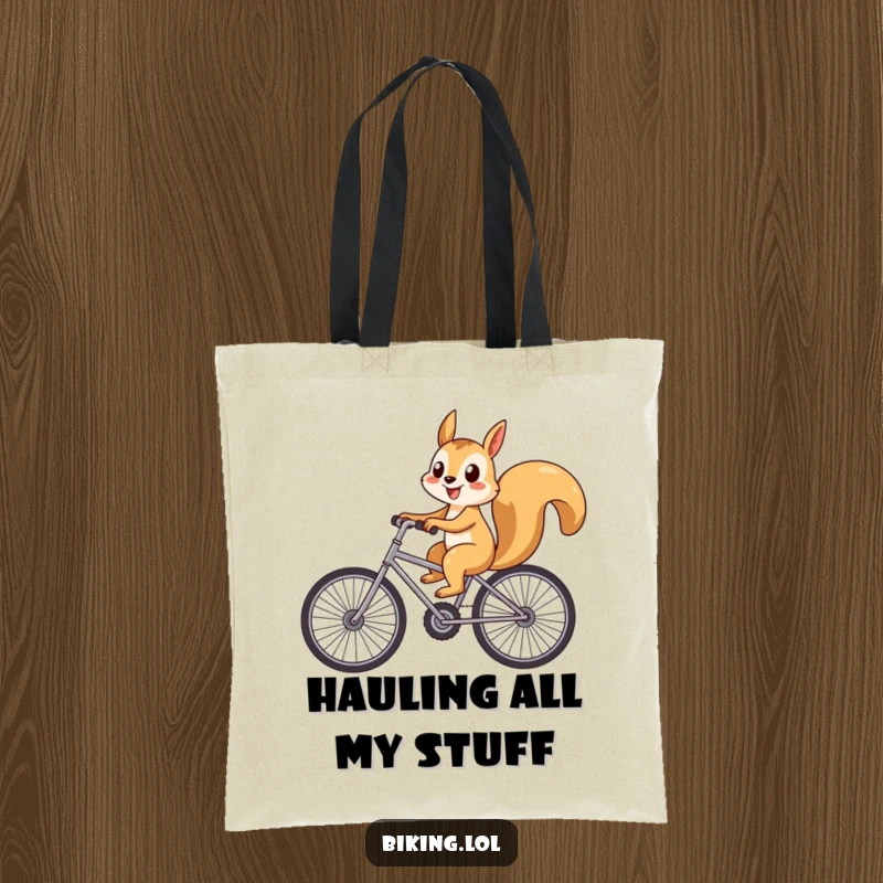 Funny playful squirrel riding a bicycle with oversized wheels, a cheerful and humorous tote bag.