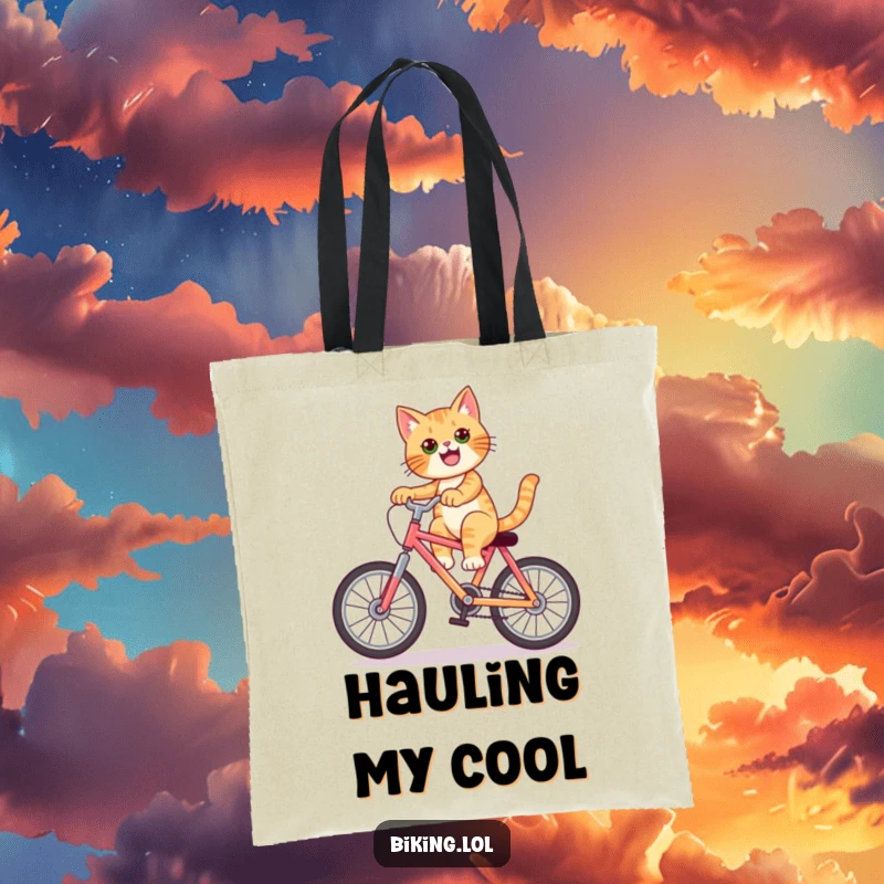 Funny cat tote bag featuring a confident cat doing a wheelie on a brightly colored bike, a stylish accessory.