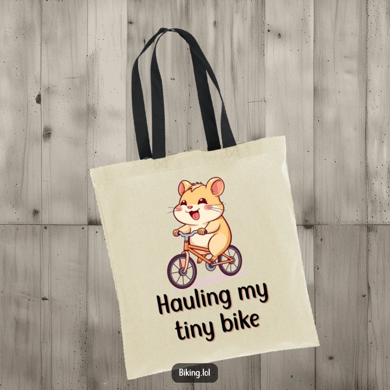 Funny hamster tote bag featuring a determined hamster pedaling a tiny bicycle uphill with a joyful grin, stylish and humorous.