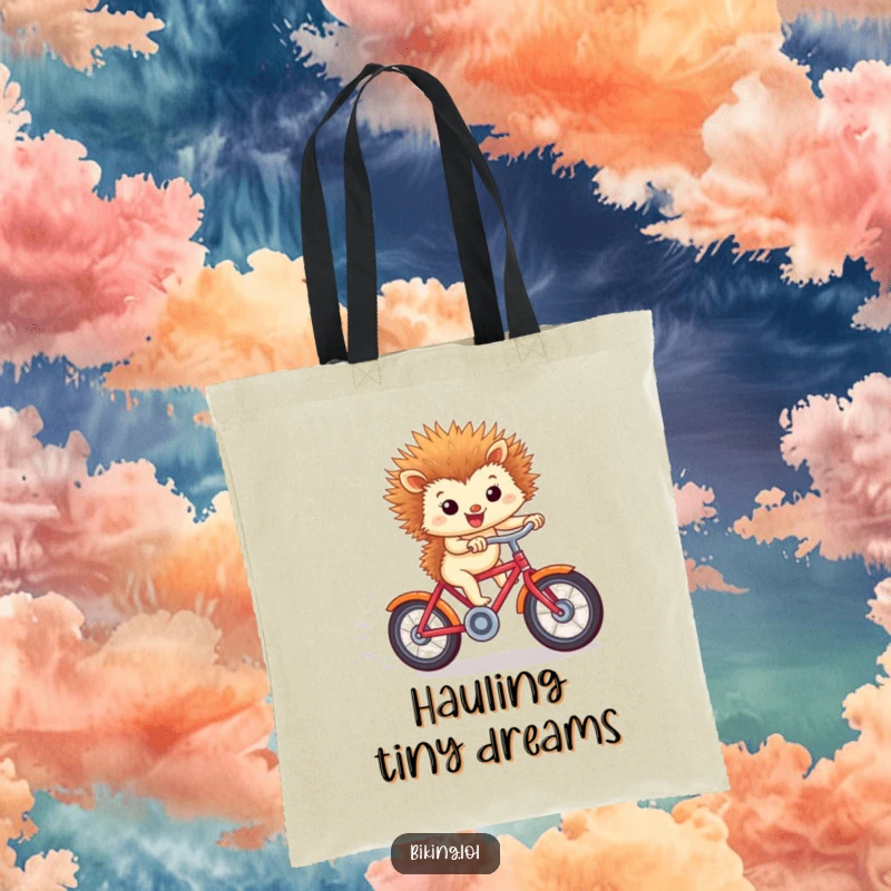 Funny tote bag depicting a tiny hedgehog on a bicycle racing downhill, windblown ears, a useful funny gift.
