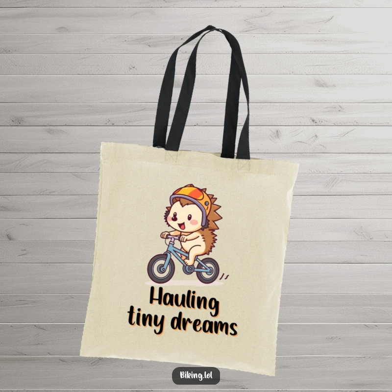Funny hedgehog speeding downhill on a tiny bike, depicted on a stylish tote bag, emphasizing fun and travel.