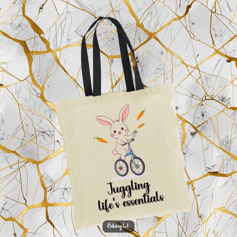Funny rabbit artistically riding a unicycle and juggling carrots, displayed on a spacious and humorous tote bag.