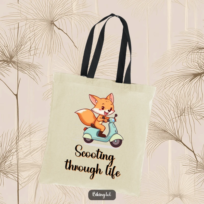 Funny tote bag with a playful fox on a scooter crossing a finish line, a humorous and practical funny gift.