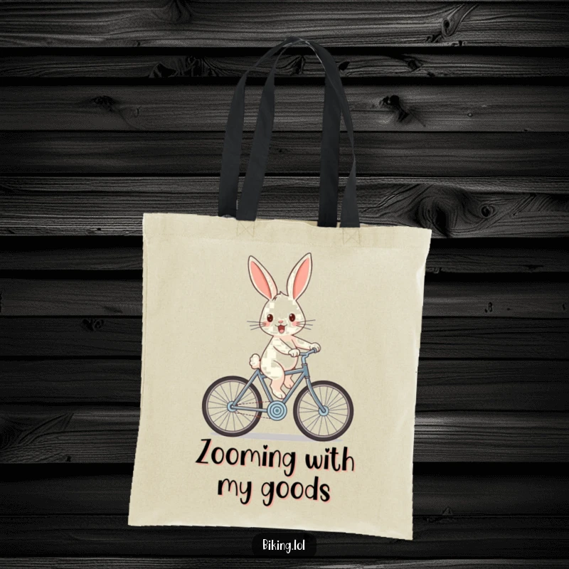 Funny rabbit tote bag with a cheerful rabbit zooming downhill on a bicycle, ears flying, perfect for daily use.